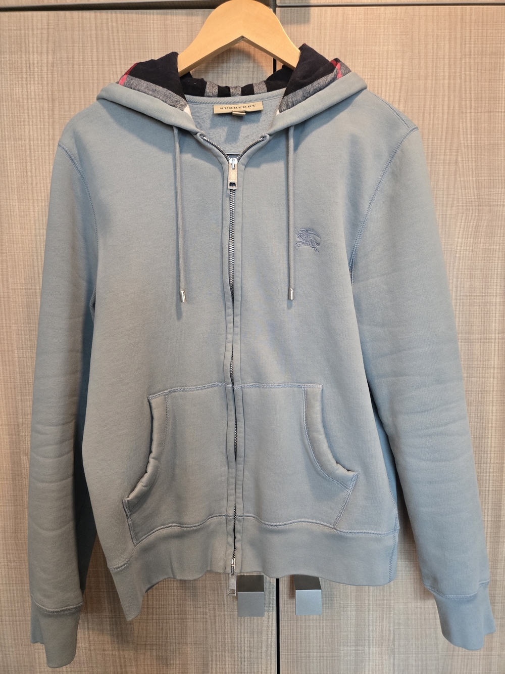 Burberry Clarendon Full Zip Hoodie Light Blue Check-Lined Hood Men's Medium